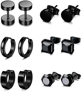 Jstyle 6 Pairs Stainless Steel CZ Stud Earrings for Men Women Black Earrings Huggie Small Hoop Earrings Ear Piercing Jewelry for Men