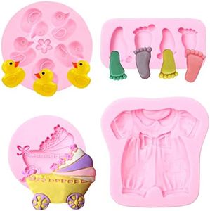 Baby Silicone Fondant Molds 4 Pcs, Baby Foot Molds Baby Shower Carriage and Clothes Duck Chocolate Mold for Cake Decoration, Soap, Candy, Cupcake Topper