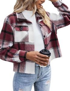 Zeagoo Veste de Transition à Carreaux pour Femme Shacket Court à Manches Longues Manteau en Flanelle avec Boutons Veste d'Automne pour Femme Bordeaux L