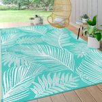 Pauwer Waterproof Outdoor Rug 8x10, Reversible Plastic Straw Patio Camping Rug, Indoor Outdoor RV Mat Carpet for Deck, Camper, Porch, Balcony, Backyard, Picnic, Leaf Light Blue