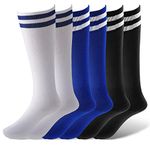 Provone 3 Pairs Kids Football Socks Kids Soccer Socks,Unisex Anti-Slip Socks Long Soccer Sock for Boys Girl Aged 5-12(Blue+White+Black)