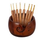 Hesygo Wooden Yarn Bowl with 8Pcs Metal Crochet Hooks, Knitting Yarn Bowl with Holes Storage Handmade to Prevent Slipping, Perfect Yarn Holder Bowl for Crocheting and Knitting Mother's Day Gift 5" x 3"