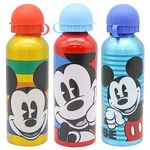 3x Aluminium Mickey Mouse Water Bottles, Hydrated Drinking Flask, 500ml Reusable BPA-Free Drinking Lightweight Leakproof KBT Disney Bottles for Kids School Sports, Age 3+ Years | 21cm