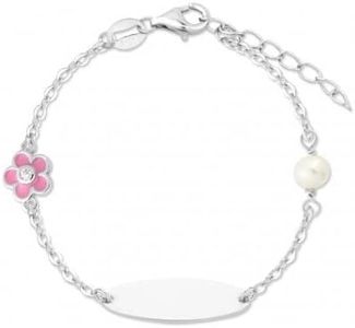 Turmalina - Pulsera esclava ID de Plata de Ley 925 bebé o niña, pulsera con placa y motivos de flor y perla, largo de 11 más 2,5 cm de extensor de la marca de joyería Turmalina by Martina