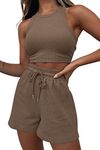 AUTOMET Women's 2 Piece Outfits Lounge Sets Sweatsuits Sleeveless Waffle Crop Top And Drawstring Shorts Set Tracksuits Summer, Coffee, Medium