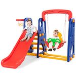 Maxmass Toddler Slide and Swing Set, Children Playground Playset with Basketball Hoop, Long Slide and Climb Ladder, Indoor Outdoor Kids Play Area for Boys Girls (Red + Dark Blue)