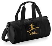 beyondsome Girls Personalised Splits Jump Gymnastics Glitter Barrel Bag Dance School Kit, Black/Gold Glitter Print