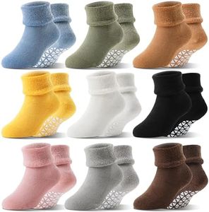 Toddlers Kids Grips Socks Warm Thermal Winter Thick Baby Boys Girls Infants Anti Slip Non Skid Ankle Crew Funny Cartoon Gift Cotton Socks with Grippers 9 Pairs Stocking Stuffers(Assorted,3-5 T)