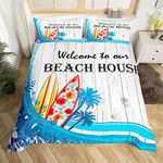 Beach House Duvet Cover Set Full Size,Surfing Surfboard Blue Waves Coconut Trees Comforter Cover with 2 Pillowcases,Rustic Farmhouse Wooden Barn Door Breathable Bedspread for Boys Teens,Pillow Sham