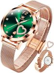 OLEVS Rose Gold Watches for Women Green Face Diamond Watches Easy to Read Thin Wrist Ladies Watches with Stainless Steel Mesh Band Elegent Waterproof Women's Analog Quartz Watches Reloj para Mujer