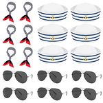 18 Pieces Sail Hats Blue with White Captain Sailor Hat with Satin Scarf Polarized Sunglasses Women Costume Dressing up Party