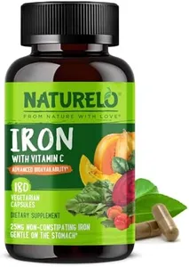 NATURELO Vegan Iron Supplement with Vitamin C and Organic Whole Foods - Gentle Iron Pills for Women & Men with Iron Deficiency Including Pregnancy, Anemia and Vegan Diets - 180 Mini Capsules