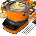 GREECHO Fondue Pot Electric Set, 2.6 Qt Stainless Steel Electric Fondue Pot with 3 Preset Mode (Cheese, Chocolate & Broth), 1200W Fondue Pot Set with Separated Fondue Pot & 6 Color-Coded Forks, Orange