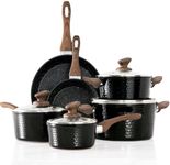 Induction Kitchen Cookware Sets - 15 Piece Hammered Granite Cooking Pans Set Black Nonstick Pots and Pans Set