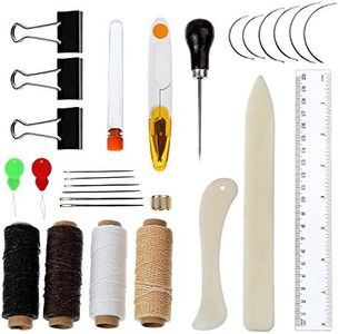 Musuntas Lot de 28 outils de reliure pour livres en forme d'os, plioir, fil de lin ciré, manche en bois, aiguilles à chas large pour livres faits à la main et fournitures de couture