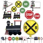 Havercamp Railroad/Train Party Decorations Set! This Premium Kit Includes:1 Lg. Train Centerpiece, 12 Fun Photo Props, 10 Wall Cut-Out Decors and 1 Yellow Railroad Crossing 18 in. Foil Balloon