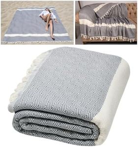 DEMMEX XXXL 90x82 inches 100% Turkish Cotton Beach Picnic Camping Blanket, Throw, Bedspread, Oversized, Multipurpose, Diamond Weave, Made in Turkey, 3lb of 100% Pure Soft Turkish Cotton (Dark Grey)