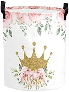 Floral Crown Princess Pink Personalized Laundry Basket Hamper,Collapsible Storage Baskets with Handles for Kids Room,Clothes, Nursery Decor