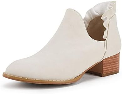 FISACE Womens Ruffled Ankle Boots V Cut Out Pointed Toe Chunky Low Heel Dressy Western Booties Beige