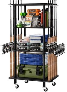 Ghosthorn Fishing Rod Holders for Garage Fishing Pole Rack Hold up to 10 Rods Fishing Pole Holders Wooden Organizer Fishing Rod Rack car Fishing Gear Storage Equipment (Black, 4 Tier)