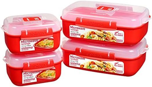 Sistema 82005 Heat and Eat Microwave Set 4 Rectangular Food Containers with Lids, Red, Clear(2X 1.25L and 2X 525Ml)