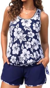Hilor Modest Swimsuits for Women Tummy Control Swimwear Blouson Maternity Bathing Suits with Shorts Navy Hibiscus M/US8-10