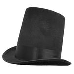 TALL BLACK TOP HAT. TALL TOP HAT WITH INTERNAL ELASTICATED BAND FOR A COMFORTABLE FIT FOR A VARIETY OF HEAD SIZES. ADULTS ONE SIZE FITS MOST. FOR HISTORICAL FANCY DRESS COSTUMES (THIN RIBBON)