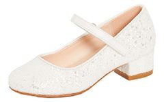 Girls Faux Leather Low Block Heel Party Shoes Ivory Glitter 2 UK