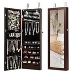 COSTWAY LED Lights Jewelry Cabinet, Door Hanging/Wall Mounted Jewelry Armoire with Full Length Mirror, Lockable Makeup Cosmetics Jewellery Organiser Storage Unit Gift for Bedroom Dressing Room (Brown)