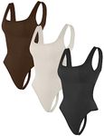 HEGALY Thong Bodysuits for Women 3 Piece Sexy Ribbed Seamless Tummy Control Shapewear Sleeveless Square Neck Tank Top, Black Coffee Beige, Medium