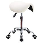 KKTONER Rolling Saddle Stool PU Leather Swivel Adjustable Rolling Stool with Wheels Salon Chair (White)