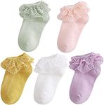 Durio Soft Toddler Girl Socks - Cute Lace & Ruffle Designs, 2t-3t, Multi-Color Pack (White, Purple, Pink, Green, Yellow) 12-3T