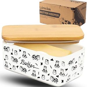 Lumicook Cow Butter Dish, Cceramic Butter Dish with Lid, Large Countertop, Silicone Sealing, Good Kitchen Gift, White