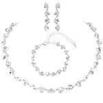 DIVINA VITAE 3 Pcs Bride Silver Jewelry Set Rhinestone Necklace Bracelet Dangle Earrings Bling Crystal Bridal Wedding Jewelry Set Rhinestone Prom Jewelry Sets for Women and Girls