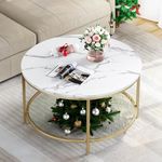 YITAHOME White Marble Round Coffee Table with Glass for Living Room, 2-Tier Circle Coffee Table with Storage Clear Coffee Table, Simple Modern Center Cocktail Table, White & Gold