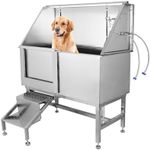 50 Inch Dog Grooming Bathtub, Professional Stainless Steel Dog Bathing Tub with Stairs, Floor Grate, Faucet, Left Sliding Door Dog Washing Station for Large, Medium, Small Pets