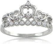 Hoops & Loops Sterling Silver Cubic Zirconia Princess Heart Crown Tiara Band Ring, Sterling Silver, Cubic Zirconia