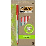 Bic(R) Ecolutions Round Stic Ball Pens Medium Point 1.0Mm 74% Recycled Translucent Barrel Red Ink Pack Of 50