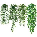 Dremisland 4 Pack Artificial Hanging Plant with Pots Fake Eucalyptus Potted Plants Greenery Foliage Ivy Vines Faux Trailing Plants for Home Garden Office Shelf Wall Decoration