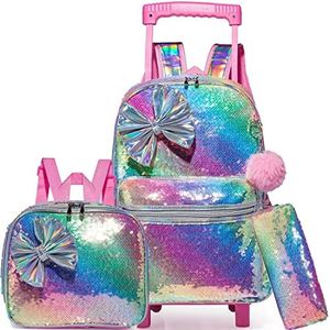 Meetbelify Bowknot Rolling Backpack for Gilrs Backpacks with Wheels Kids Wheeled Suitcase Luggage, A Pink Bowknot, Backpack