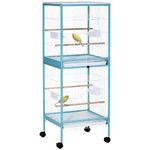 PawHut 55.1" 2 in 1 Bird Cage Aviary Parakeet House for Finches, Budgies with Wheels, Slide-Out Trays, Wood Perch, Food Containers, Light Blue