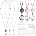 Retractable Lanyards with ID Badges, 3 Pcs Reel Beaded Lanyard Neck Strap with 6 Pcs ID Card Holder Teacher lanyards for Women Men (Black, Silver, Rose Gold)