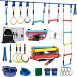 Ninja Warrior Obstacle Course for Kids with 13 Ninja Accessories, 2x65 FT Slackline with Swing Seat, Disc Swing, Ninja Wheel, Rope Ladder, Monkey Bar, Monkey Fist, Gymnastics Ring, Arm Trainer