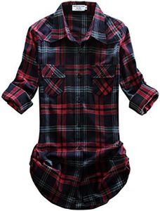 Match Womens Button Down Flannel Plaid Shirts roll up Long Sleeve Shackets Business Blouse Top (X-Small, Checks#15)