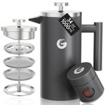 Coffee Gator French Press - Large, Insulated, Stainless Steel Manual Coffee Maker for Home & Camping w/Mini Canister- Serves 4 Cups - Gray (34 oz)