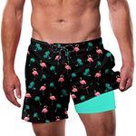 Cozople Swim Shorts for Mens UV Sun Protection Waterproof Swim Trunks Hawaii Beach Boxer Briefs Swimwear Novelty Black Flamingo Print Sport Bathing Suit with Soft Compression Liner