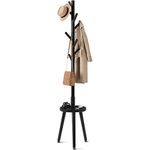 Greenstell Coat Rack, Wooden Coat Rack Stand with 8 Hooks, Coat Tree with 4 Height Options 50.5"-72.6", Coat Hanger Stand with Round Tray for Bags, Clothes, Umbrellas, Hats, in Home and Office, Black