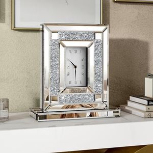 SHYFOY Mirrored Desk Clock, Decorative Table Clocks with Crushed Diamond 13.2x11.8 Luxury Rectangular Crystal Clock with Glass Beveled, Non-Ticking Silver Clocks for Living Room Office Tabletop