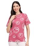 THE DRY STATE Womens Loose Fit Half Sleeves Smiley All Over Printed Rose Bud Colour Tshirt with Neck Rib