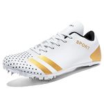 VXCDFR Men's Spikes Track and Field Shoes Breathable Racing Jumping Sprint Distance Running Sneakers Lightweight Nail Spikes Shoes Professional Running Training Track Shoes with Spikes, White&gold,